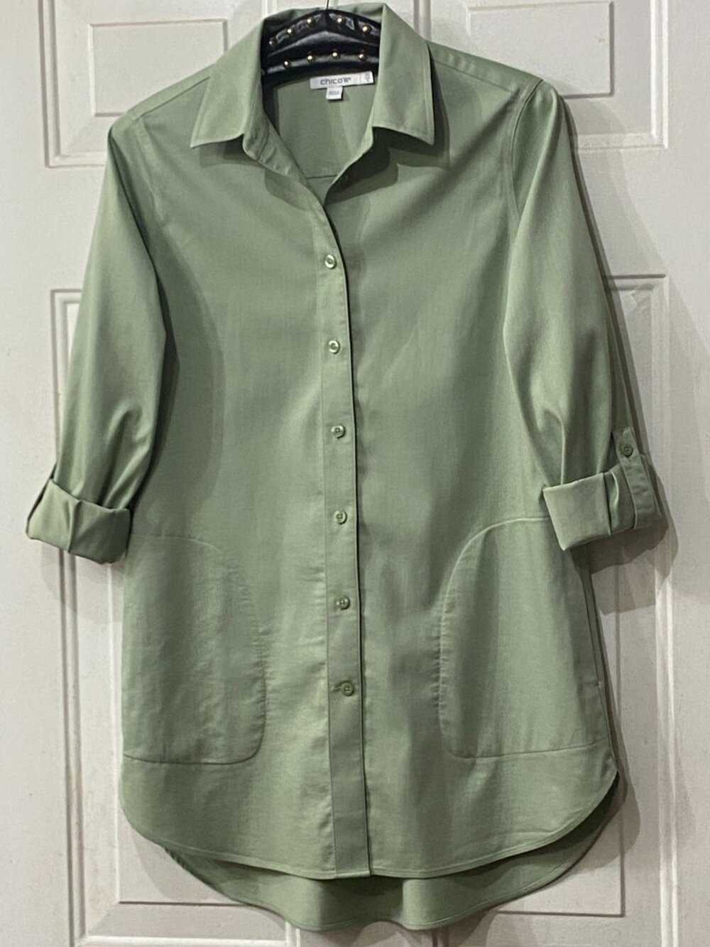 Chico's Sz 00 US 2 Womens Tunic Shirt Sage Green Roll Long Sleeve 2 Side Pockets